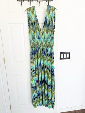 Just Love V Neck Smocked Blue Green Abstract Printed Maxi Dress 3X